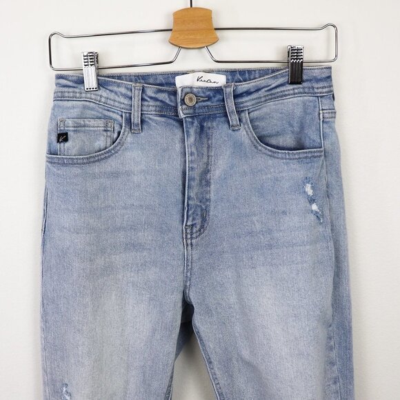 Kancan Distressed High Waist Mom Jeans Skinny Leg Raw Hem Light Wash Blue 26 - Picture 5 of 12